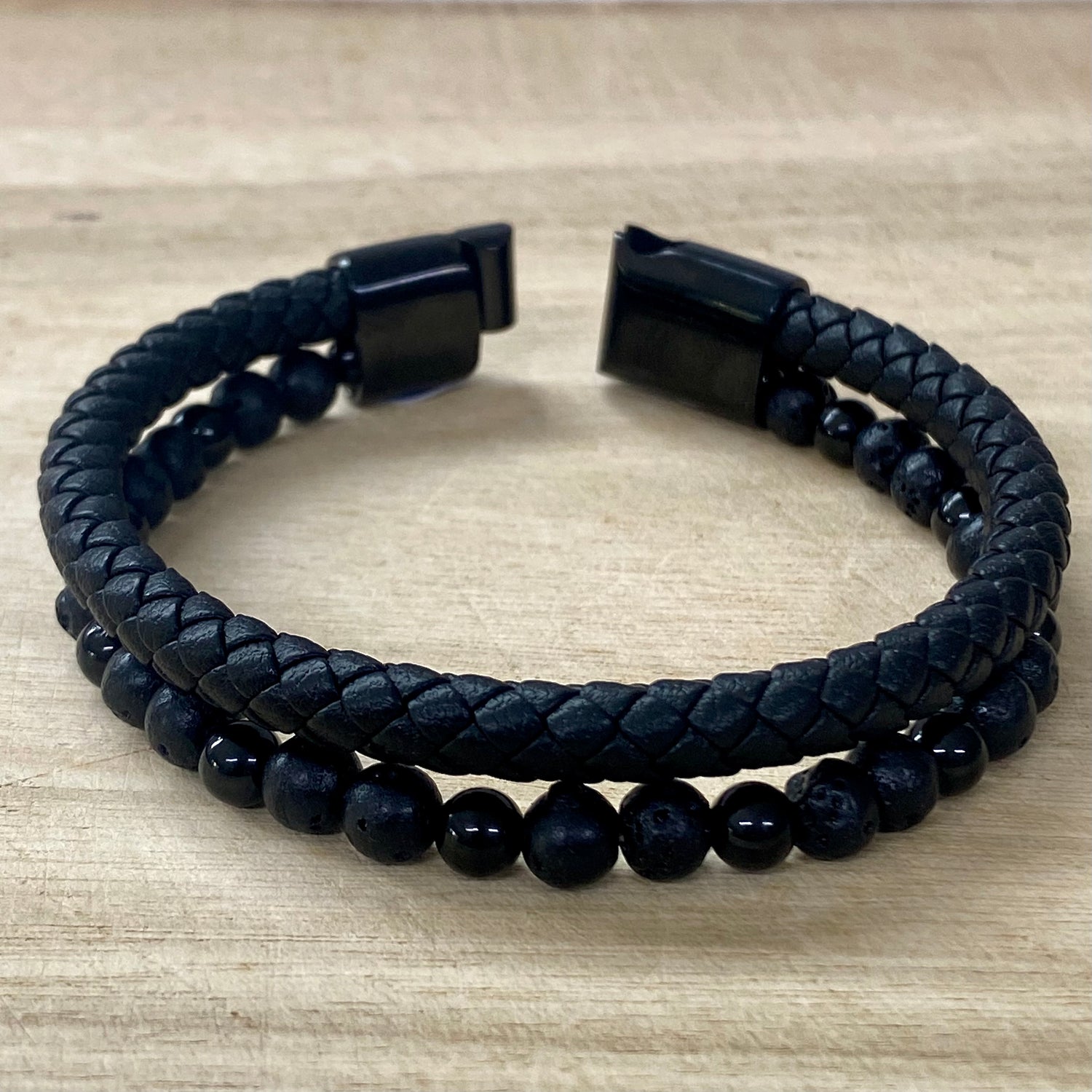 Leather & Stone Bracelet - Lava Stone & Black Onyx - Open Clasp
