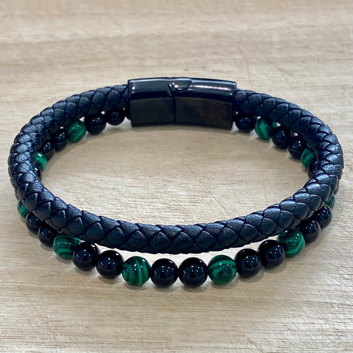 leather malachite & black onyx bracelet
