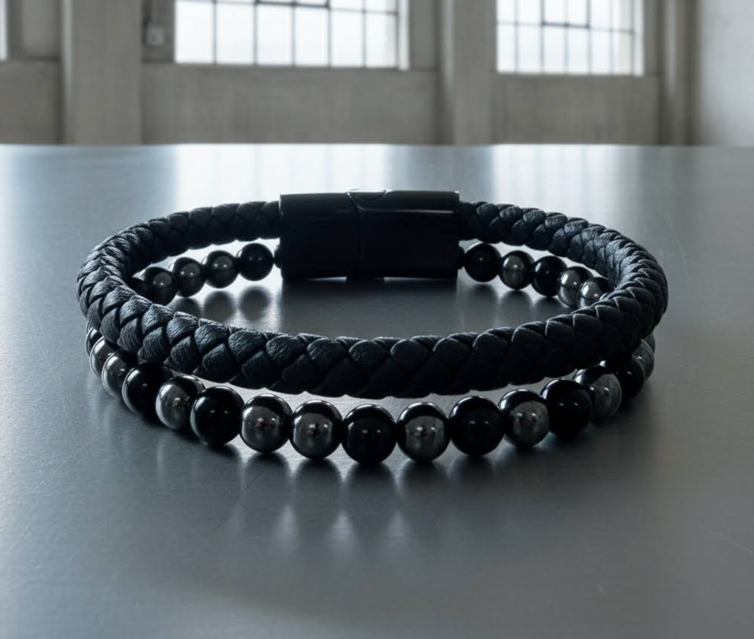 Leather Hematite Black Onyx Bracelet
