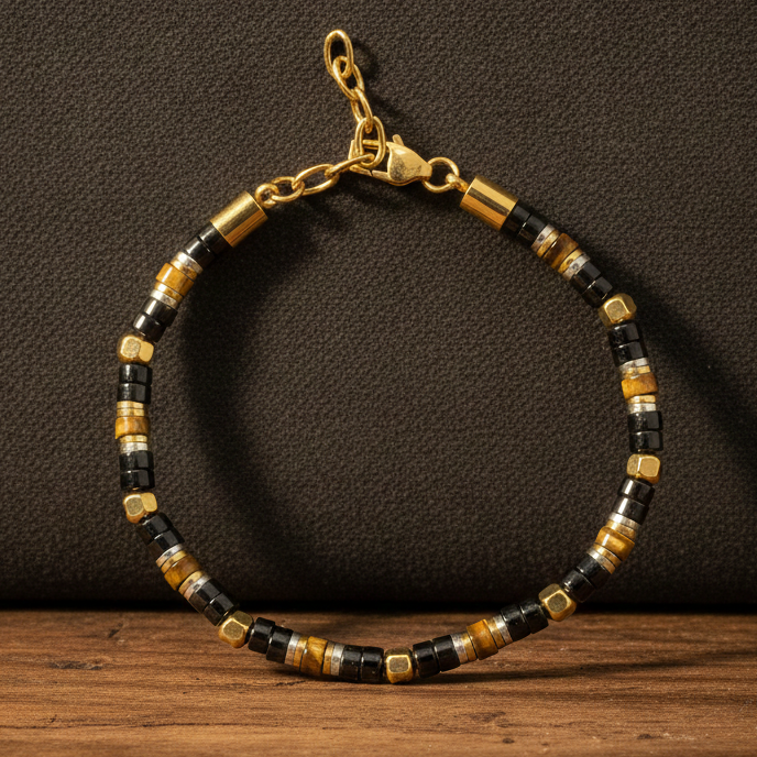 Terrain Midnight adjustable bracelet with Black Agate, Yellow Tiger Eye and mixed gold- and silver-tone stainless steel spacers.