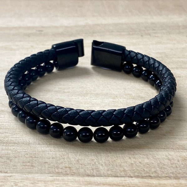 Leather & Stone Bracelet - Black Onyx - Open Clasp
