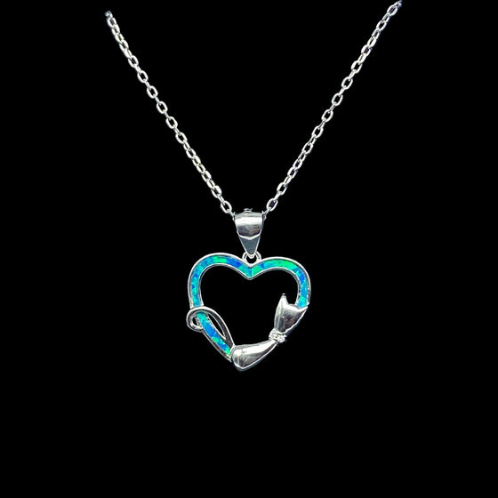 blue opal heart with cat necklace