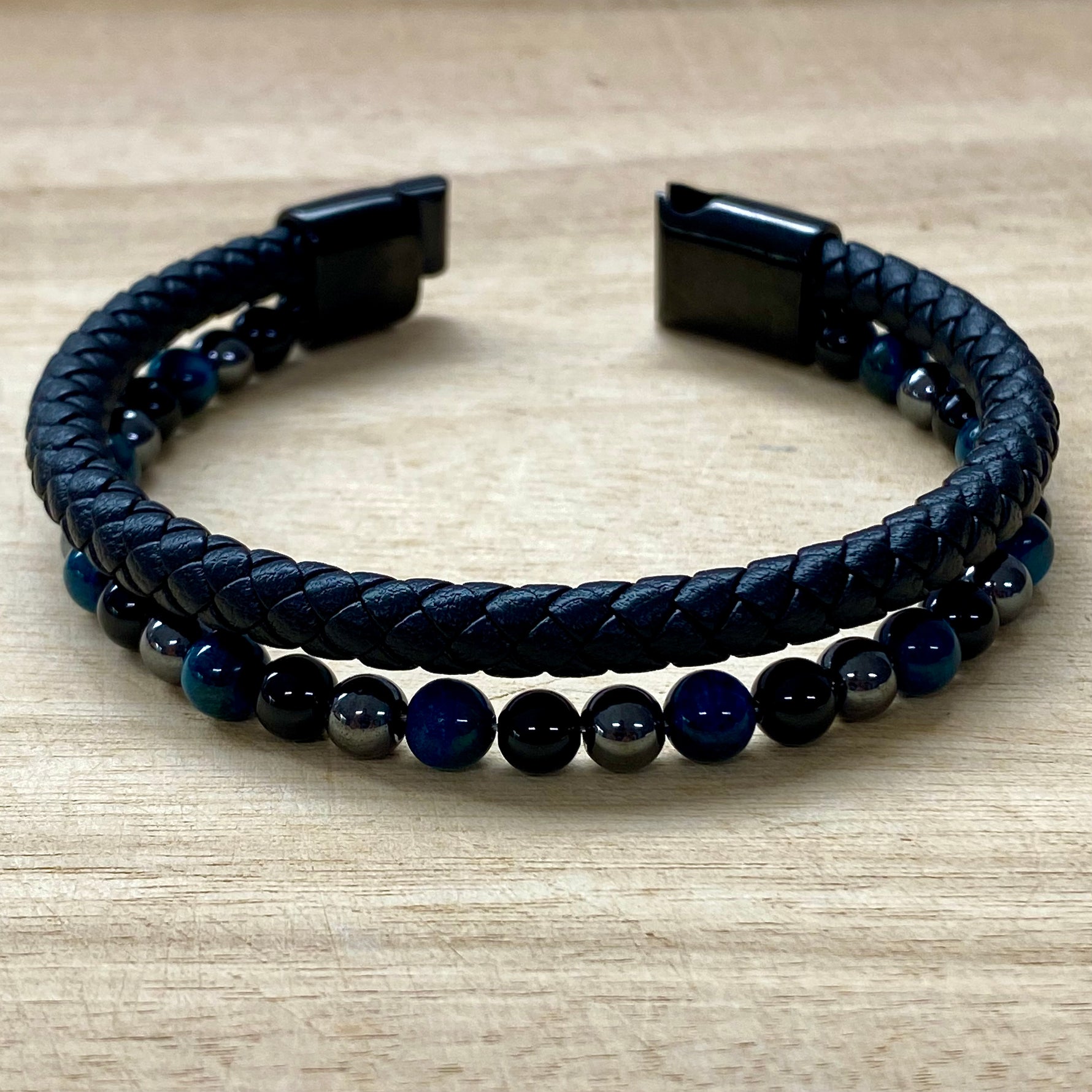 Leather & Stone Bracelet - Hematite, Blue Tiger's Eye & Black Onyx open clasp

