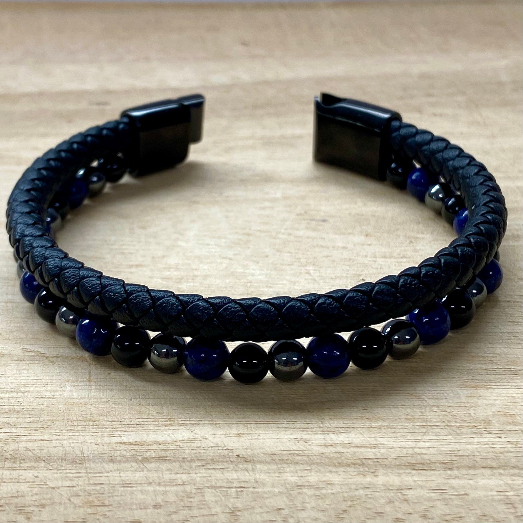 Leather & Stone Bracelet - Hematite, Lapis Lazuli & Black Onyx open clasp