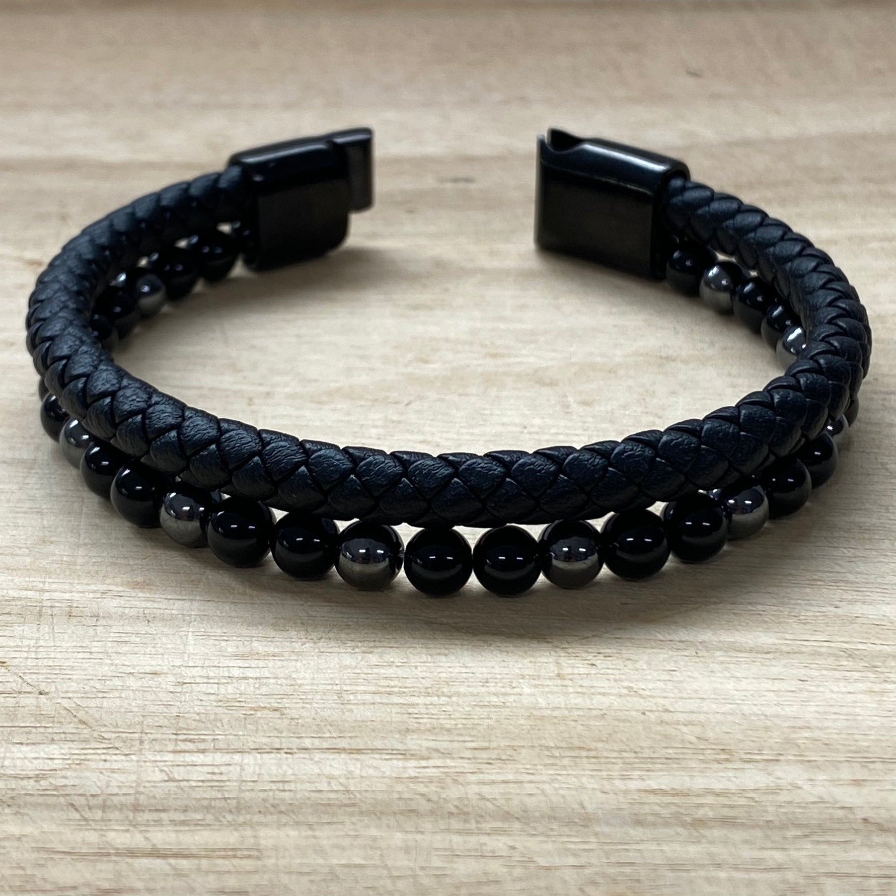 Leather & Stone Bracelet - Hematite & Black Onyx open clasp