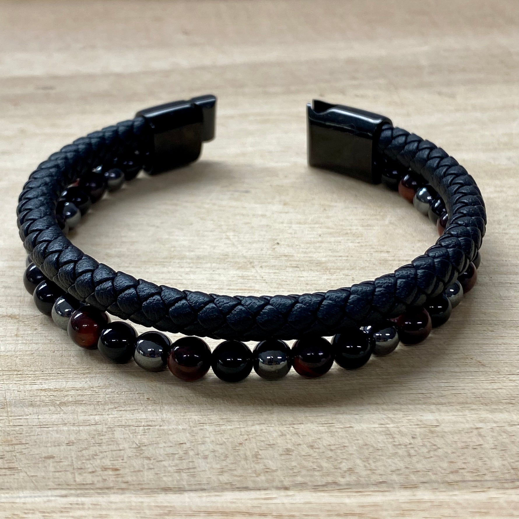 Leather & Stone Bracelet - Hematite, Red Tiger's Eye & Black Onyx open clasp