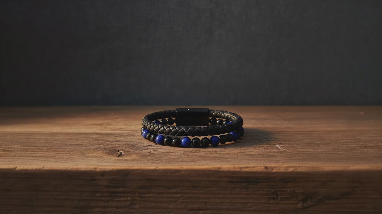 Leather & Stone Bracelet – Lapis Lazuli & Black Onyx | Unisex Leather Bracelet
