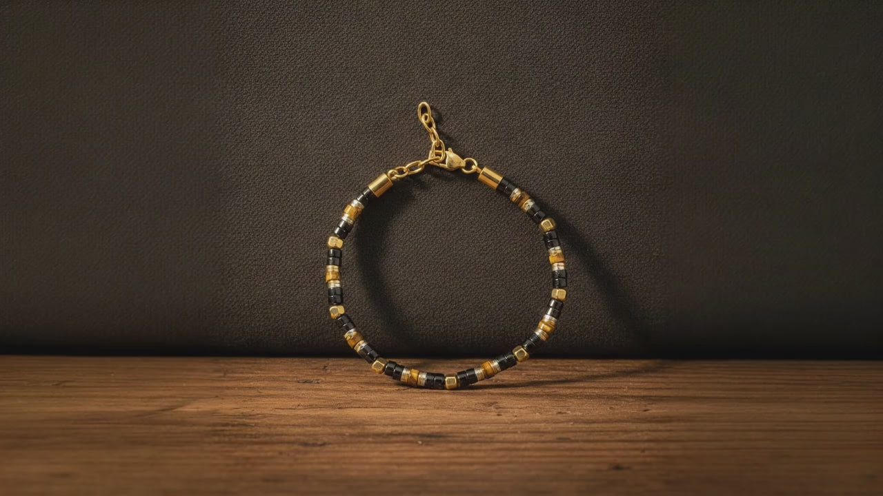 Terrain Midnight adjustable bracelet with Black Agate, Yellow Tiger Eye and mixed gold- and silver-tone stainless steel spacers video