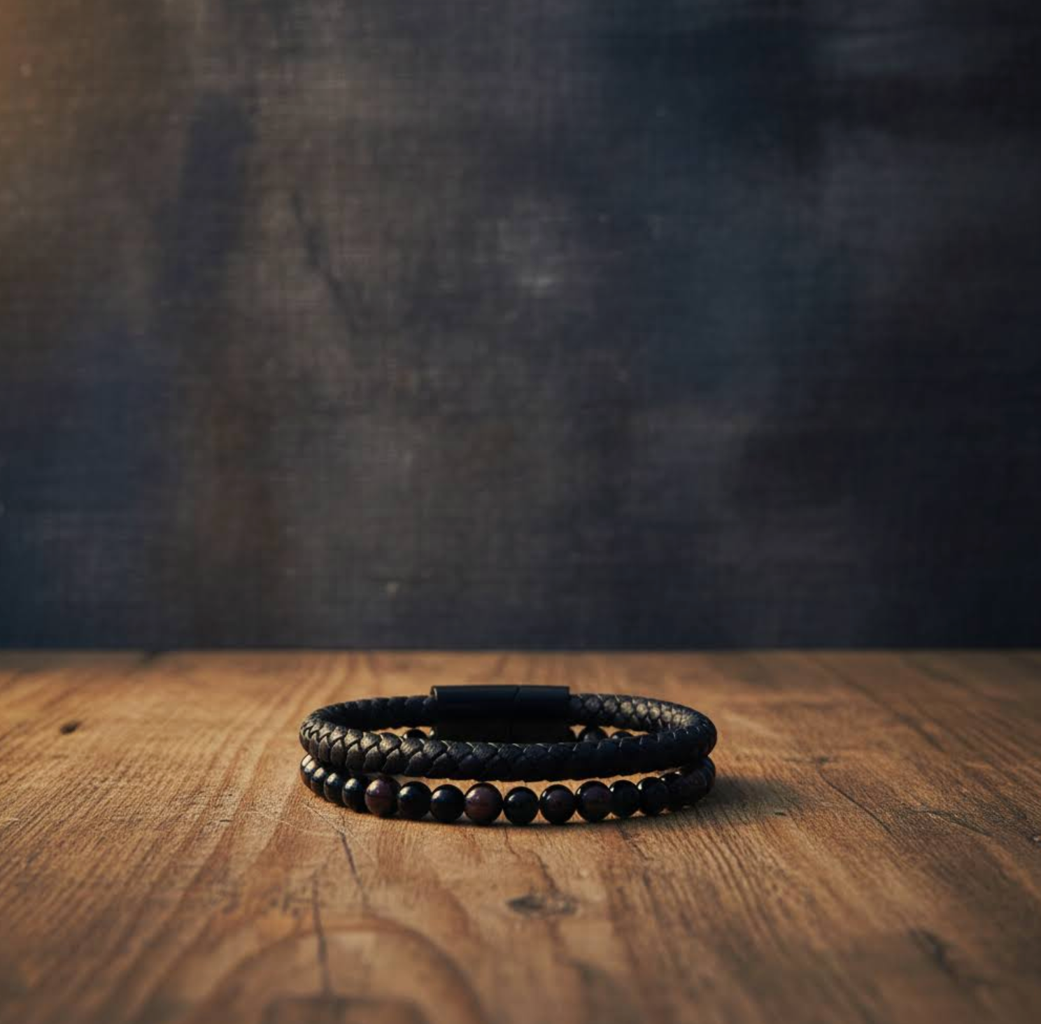 Leather & Stone Bracelet – Red Garnet & Black Onyx | Unisex Leather Bracelet