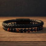 Leather & Stone Bracelet – Red Tiger’s Eye & Black Onyx | Unisex