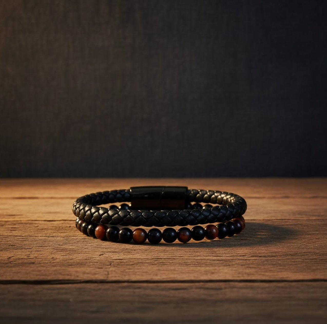 red tigers eye and black onyx unisex bracelet