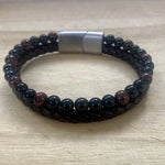 Leather & Stone Bracelet Red Tiger Eye Black Onyx - Brown Leather