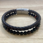 Leather & Stone Bracelet Red Tiger Eye Black Onyx - Brown Leather Up
