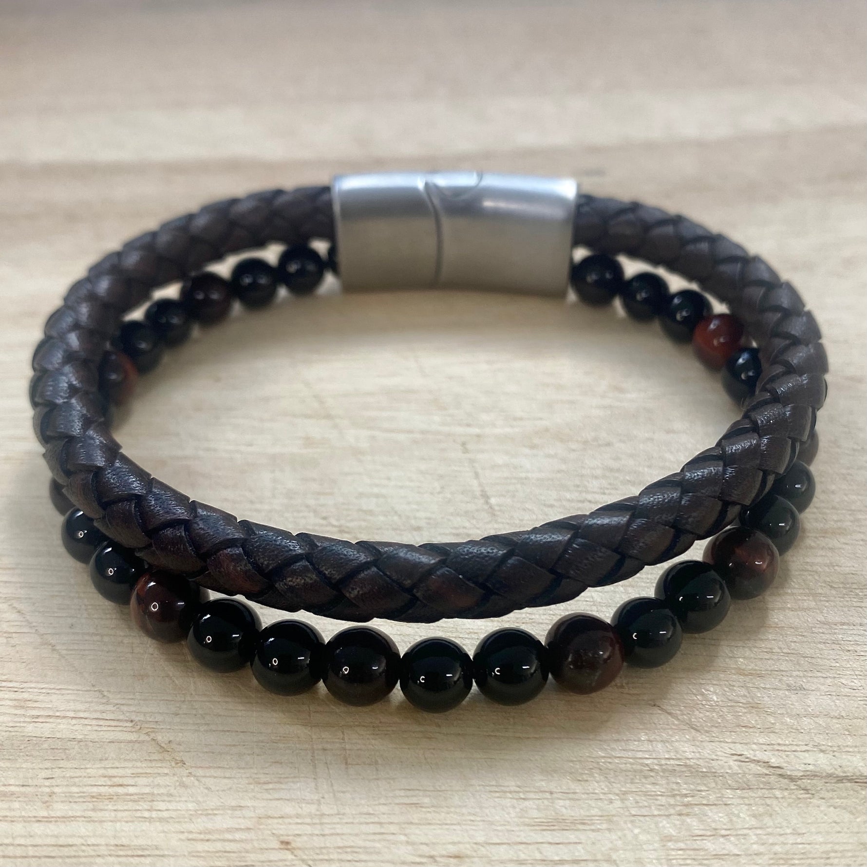 Leather & Stone Bracelet Red Tiger Eye Black Onyx - Brown Leather Up