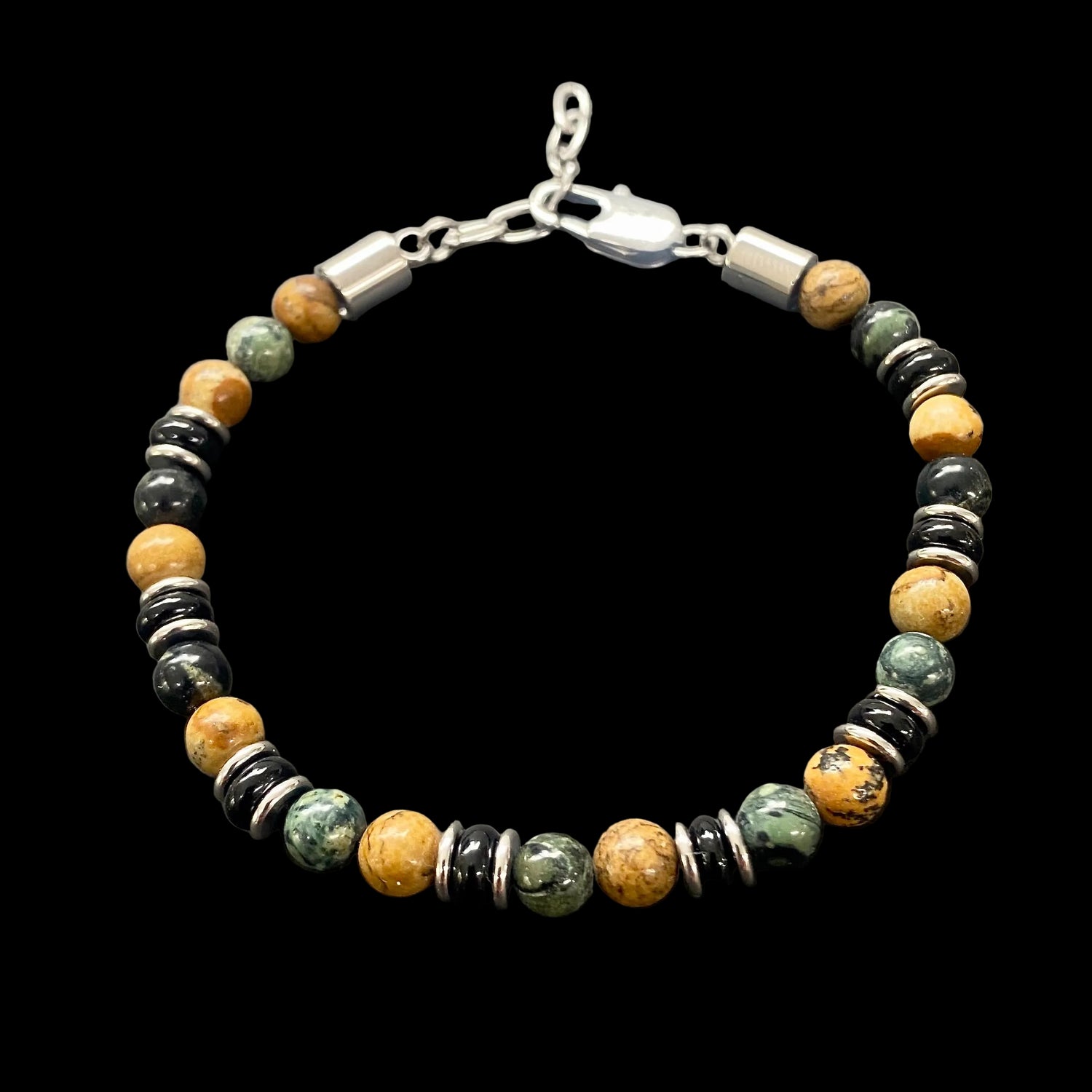 Terrain Savannah adjustable bracelet with Kambaba Jasper, Picture Jasper, Black Agate and silver-tone stainless steel spacers.