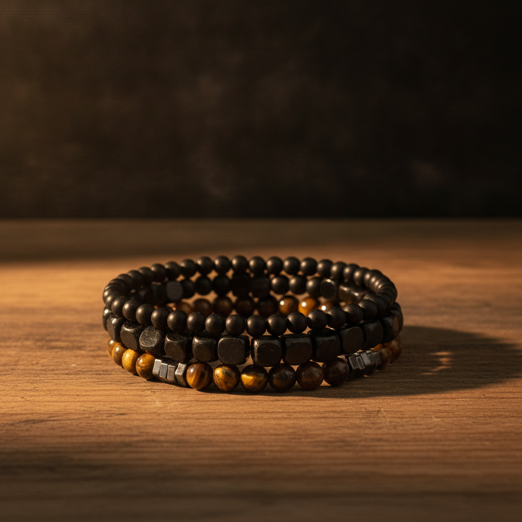 Tiger Eye, Black Onyx & Black Agate Bracelet Set | Unisex Natural Stone Bracelets