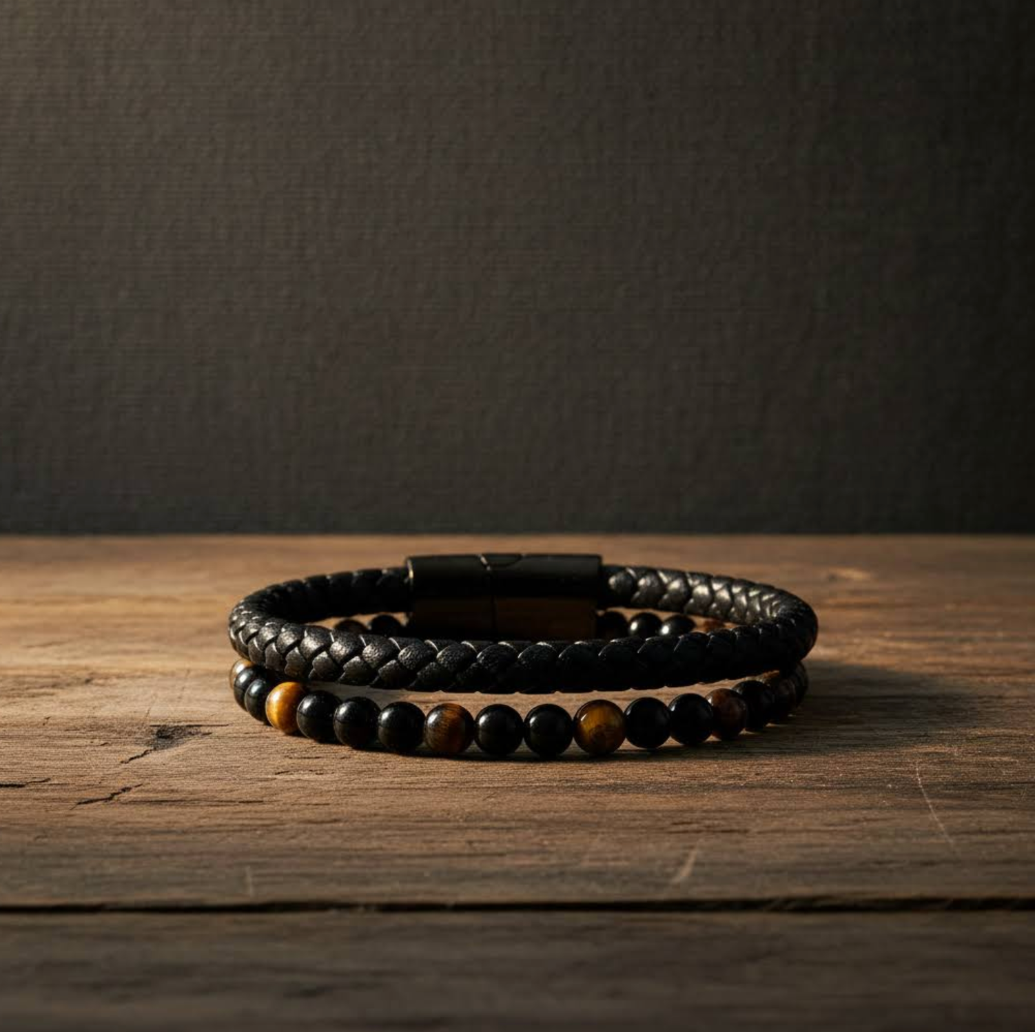 Tiger Eye & Black Onyx leather bracelet on a wooden surface