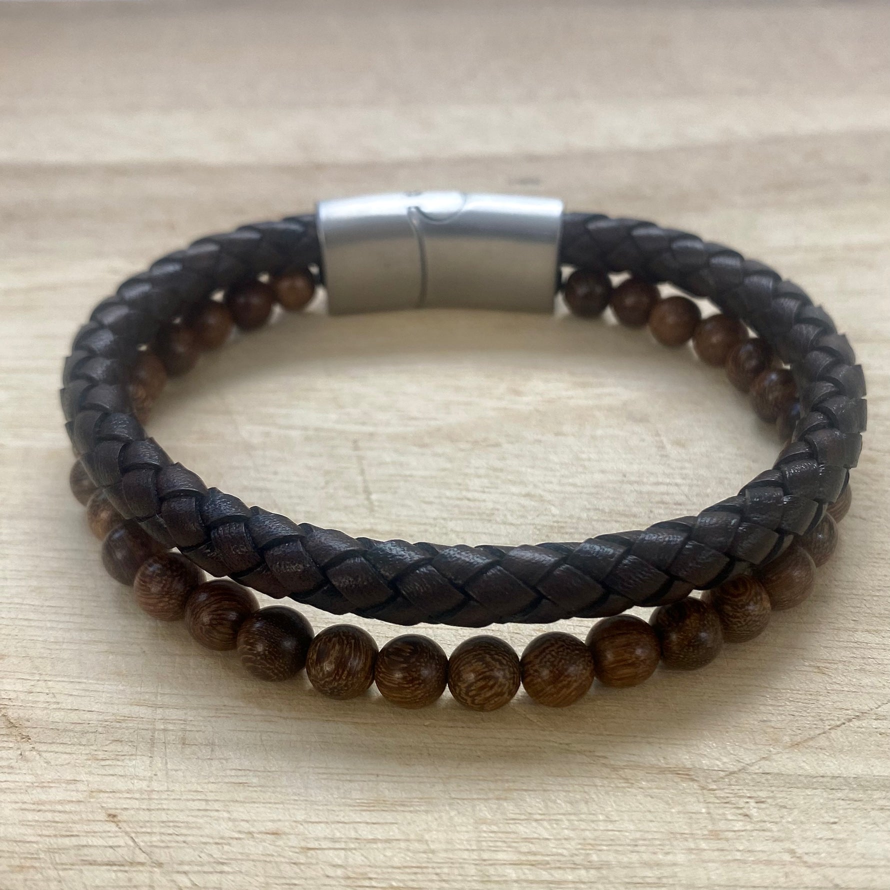 leather and wood style bead bracelet