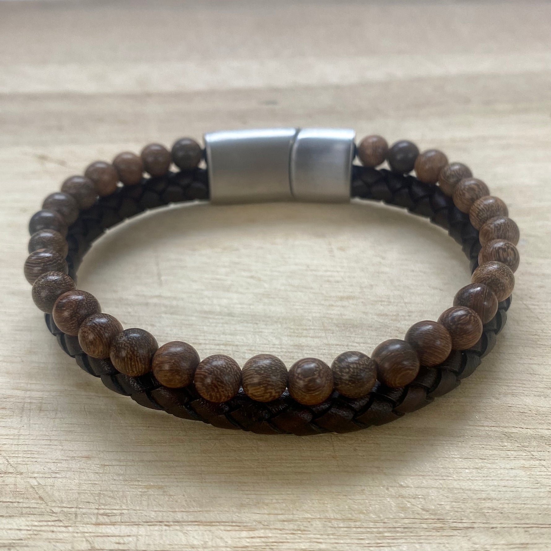 Leather and Wooden Style Bead Bracelet – Brown Leather | Unisex
