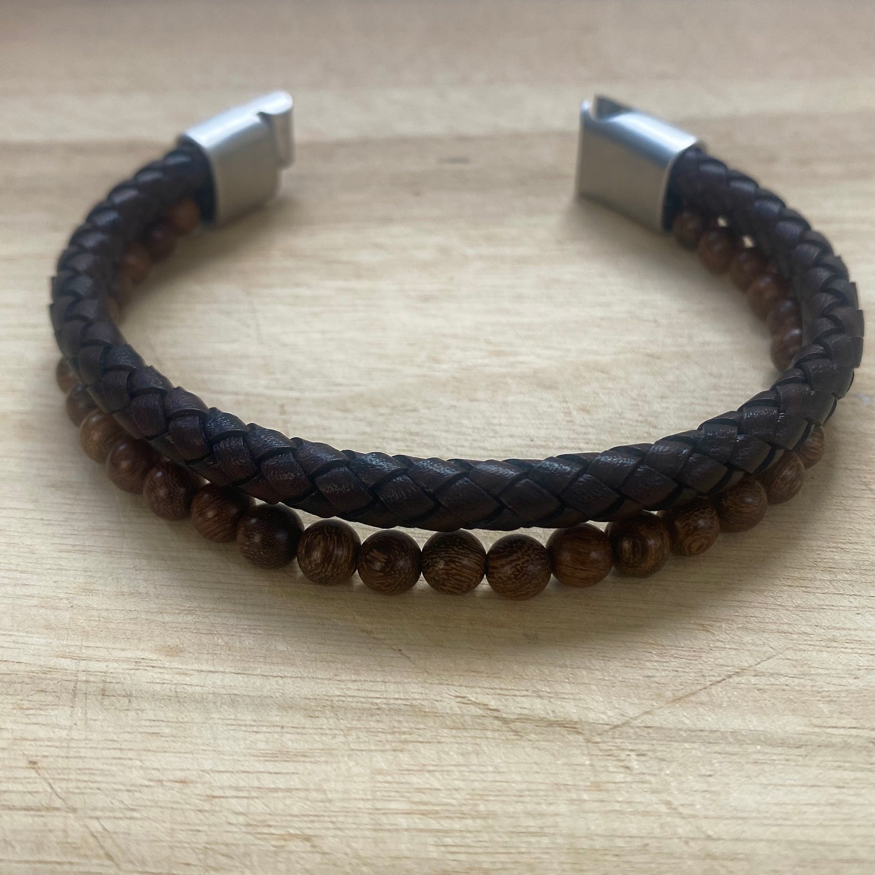  Leather and Wooden Style Bead Bracelet – Brown Leather | Unisex unclasped