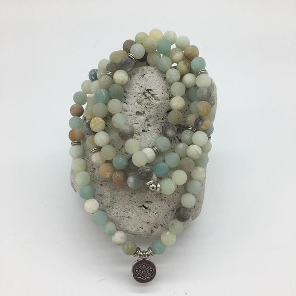 Amazonite 8mm Stone Mala Necklace with Lotus Charm