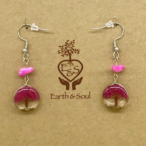 Tree of Life Drop Earrings - Fuchsia Agate