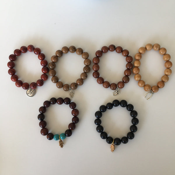 Mala Wooden 12mm Bead Bracelet Set with Various Charms