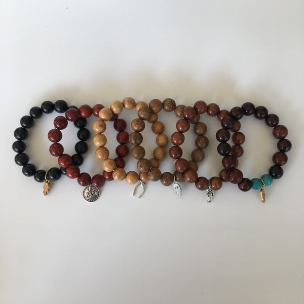 Mala Wooden 12mm Bead Bracelet Set with Various Charms
