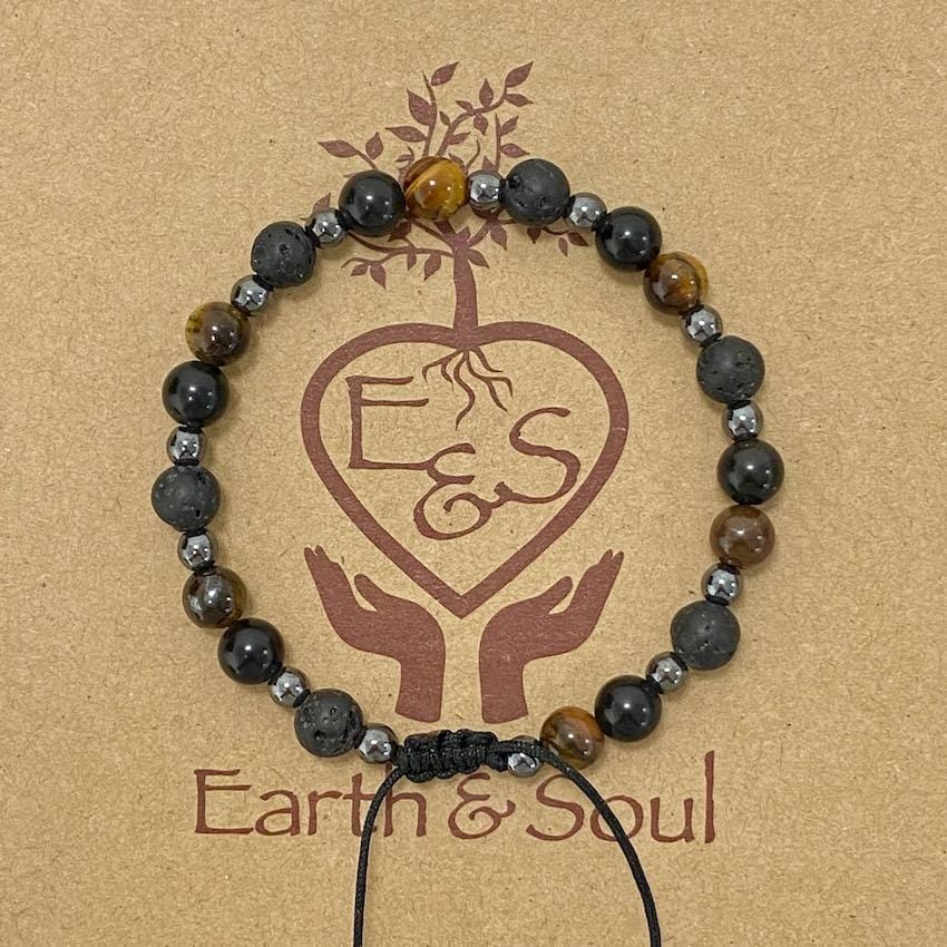 Lava Rock, Tiger Eye and Black Obsidian Crystal Bracelet with Hematite Spacers